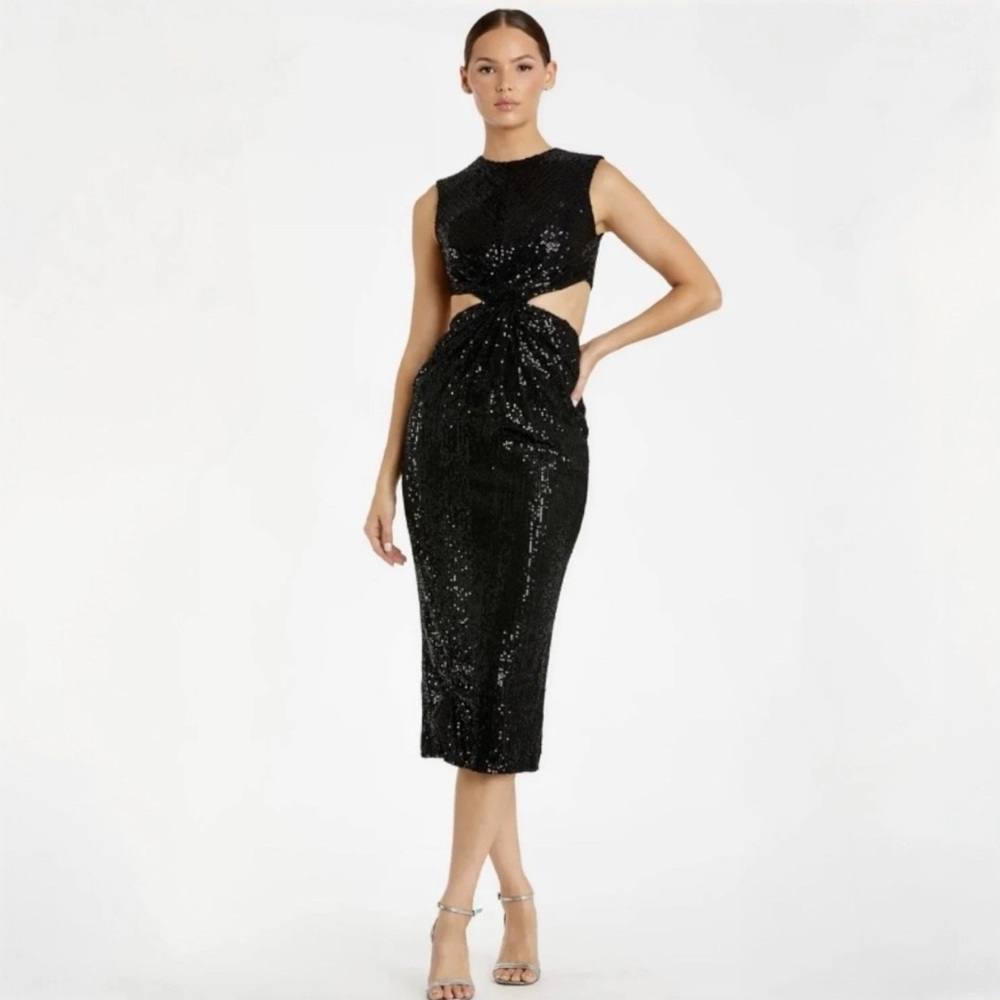 Mac Duggal Black Sequin Midi Dress
